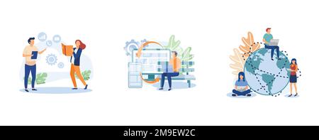 Global communication. Cloud management, cross-platform software, global network connection, data storage, application development. set flat vector mod Stock Vector