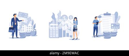 Accountancy service . Revenue agency, calculating loss, pay a balance owed, payroll account, tax law, calculate expenses. set flat vector modern illus Stock Vector