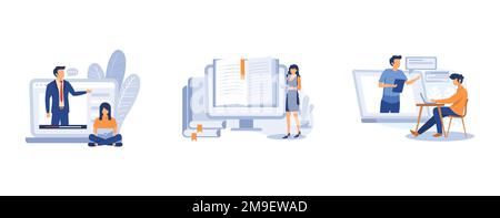 E-learning tools. Online courses, E-library, global online education, certificate diploma, content store access. set flat vector modern illustration Stock Vector