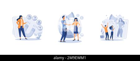 Customer oriented marketing. Customer oriented marketing strategy abstract concept vector illustration set. Word of mouth, relationship marketing, ref Stock Vector