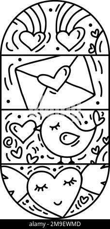 Valentine vector composition constructor bird, glasses letter and hearts. Hand drawn love holiday logo in round frame for greeting card, web design Stock Vector