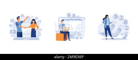 CRM lead management. Customer relationship management, conversion rate optimization, generating new leads, sales data. set flat vector modern illustra Stock Vector