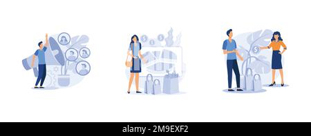 Buy and sell product. Diversity marketing, consumption expenditure, face-to-face selling, consumer engagement. set flat vector modern illustration Stock Vector