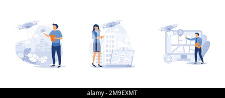 Drone service. Aerial photography and videography, autonomous delivery, video production, commercial shooting. set flat vector modern illustration Stock Vector