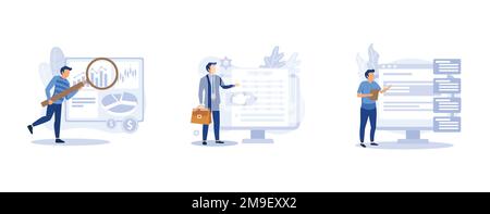 Company activity stats automation. Paperwork optimization. Business intelligence, vision and scope document, software requirement description metaphor Stock Vector