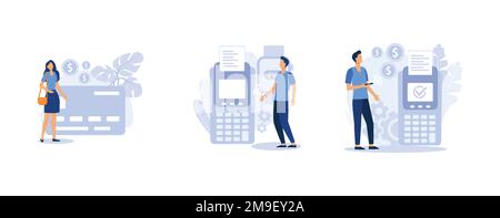 Digital transactions. Plastic money, contactless smartwatch payment, credit and debit card, smartphone banking application. set flat vector modern ill Stock Vector