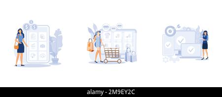 Online retail. Niche service marketplace, app monetization, multi-device targeting, buy and sell products, startup launch. set flat vector modern illu Stock Vector