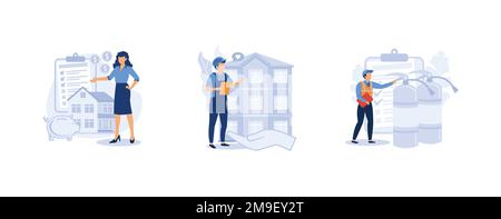 Building maintenance. Estate planning, public building, fire inspection, modern design, attorney advise. set flat vector modern illustration Stock Vector
