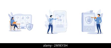 Digital security. Information privacy, verification technologies, access control system, data access, user password. set flat vector modern illustrati Stock Vector