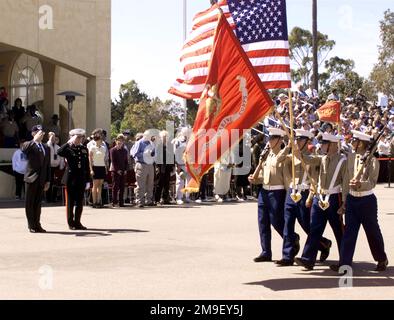 US Marine Colonel (Retired) Mitch Paige (left, saluting) World War ll Medal of Honor Recipient, is the Reviewing Officer during recruit graduation aboard Marine Corps Recruit Depot San Diego on March 24th, 2000. Base: Usmc Recruit Depot, San Diego State: California (CA) Country: United States Of America (USA) Stock Photo