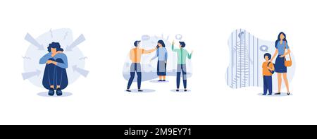 Harrasment. Domestic and youth violence, dads in prison, family conflict, ask for help, child bullying at school. set flat vector modern illustration Stock Vector