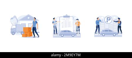 Domestic transport. Moving house services, car rental, parking fines, movers and packing, online car booking, key lock. set flat vector modern illustr Stock Vector