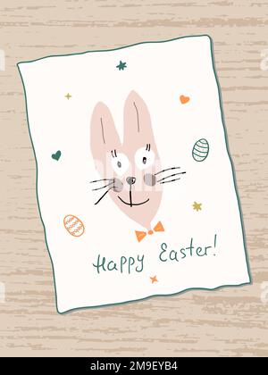 Cute funny Easter Bunny with lettering Happy Easter. Handwritten text. Painted Easter eggs and stars around it. Greeting Card on a wooden table. Stock Vector