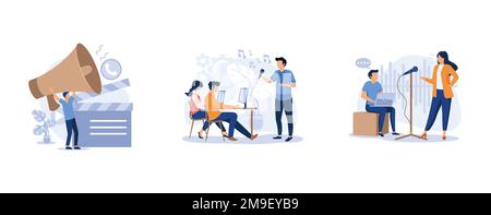 Modelling agency. Casting call, role audition, voice and speech training, talent search, acting skills, speech coach. set flat vector modern illustrat Stock Vector