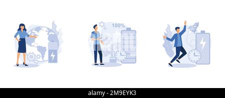 Rechargeable battery. Eco battery runtime, fast charging technology, energy capacity, storage technology. set flat vector modern illustration Stock Vector