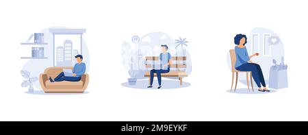 Mindful lifestyle. Simple living, minimalist lifestyle, downshifting, slow living, reduced consumption, find balance, no stress life. set flat vector Stock Vector