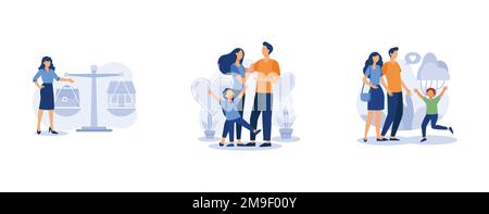 Happy family. Balancing work and family, parental responsibility, caring adoptive fathers, social roles, foster care. set flat vector modern illustrat Stock Vector