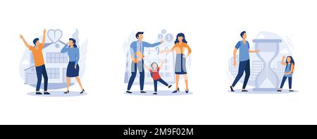 Family breakdown. Divorce and separation, parental allowance, challenges for divorced dads, husband and wife conflict, single mom. set flat vector mod Stock Vector