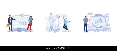Internet promotion strategy. Affiliate marketing, referral program, remarketing, online sales management, targeted advertising. set flat vector modern Stock Vector