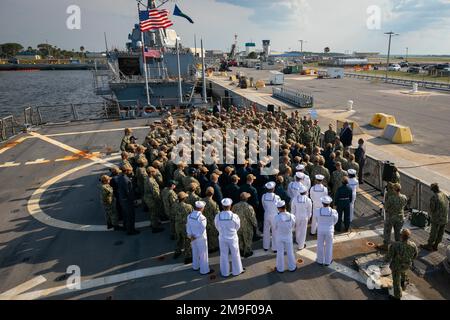 NAVAL STATION MAYPORT, Fla. (May 19, 2022) Secretary of the Navy Carlos Del Toro addresses the crew of the Arleigh Burke-class guided missile destroyer USS The Sullivans (DDG 68) during a base visit at Naval Station Mayport, May 19, 2022. Del Toro toured the Littoral Combat Ship Training Facility and Freedom-class littoral combat ship USS Little Rock (LCS 9) during his visit to Naval Station Mayport.  During his two-day trip to the Southeast region, Del Toro also visited USS The Sullivans (DDG 68) and U.S. Southern Command, where he met with Sailors, Marines and leadership.  U.S. Naval Forces Stock Photo