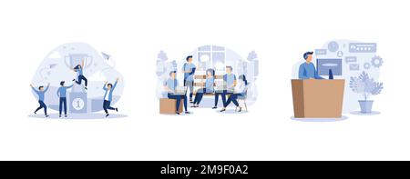 team support and work, workers are sitting at the negotiating table, customer service, hotline operator advises customer, set flat vector modern illus Stock Vector