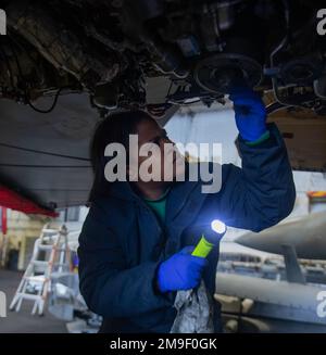 220519-N-NX635-1003 PACIFIC OCEAN (May 19, 2022) Aviation Machinist's Mate 1st Class Shakita Davis, from Chicago, performs maintenance on an E/A-18G Growler, from the “Cougars” of Electronic Attack Squadron (VAQ) 139, aboard the aircraft carrier USS Nimitz (CVN 68). Nimitz is underway in the U.S. 3rd Fleet area of operations. Stock Photo