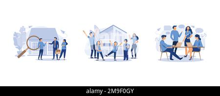 House selection and search, parents rejoice with their children stand next to a new house, workers are sitting at the negotiating table, set flat vect Stock Vector