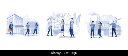 real estate business concept with houses, business successful team, industrial infographic template, set flat vector modern illustration Stock Vector