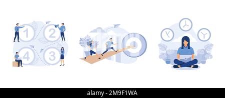 Circle number options infographic, people run to their goal on the column of columns, concept of meditation during working hours, set flat vector mode Stock Vector