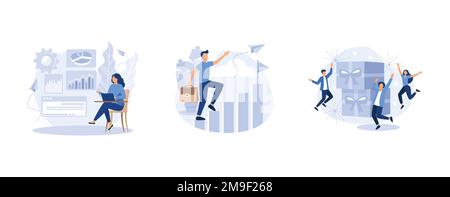 office workers are studying the infographic, people run to their goal on the column of columns, employee receives a gift, set flat vector modern illus Stock Vector