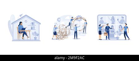 work from home online, concept of solving business problems, online collaboration meeting, set flat vector modern illustration Stock Vector