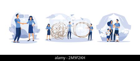 businessmen discuss social networks, tangle tangled and unraveled, happy prosperous family in flowers, set flat vector modern illustration Stock Vector