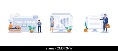 Brand identity. Naming and taglines, typography and identity guidelines, product slogan copywriting, web design, frontend development. set flat vector Stock Vector