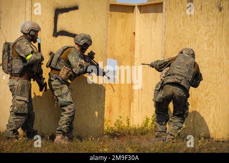 German soldiers assigned to the 212th Panzergrenadier Battalion, 21st Panzer Brigade, 1st Panzer Division, clear a room during a live-fire exercise as part of Defender Europe at Oberlausitz Training Area, Germany, May 19, 2022. Defender Europe 22 is a series of U.S. Army Europe and Africa multinational training exercises in Eastern Europe. The exercise demonstrates U.S. Army Europe and Africa’s ability to conduct large-scale ground combat operations across multiple theaters supporting NATO. Stock Photo