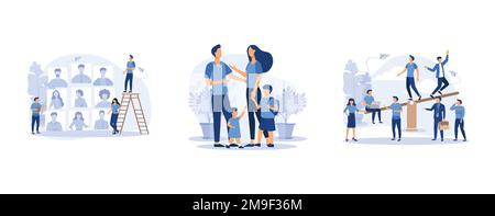 business company is looking for an employee for a job, mother father daughter son holding hands and hugging, groups of people on a swing and outweighs Stock Vector