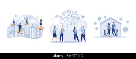 a man seeks up on a paper plane, people frequently asked questions around question marks, self-isolation from a pandemic, set flat vector modern illus Stock Vector