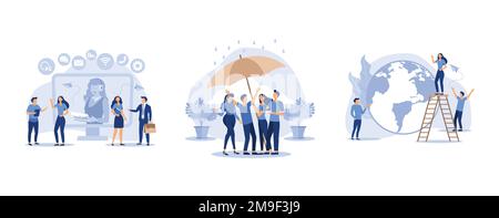 male hotline operator advises client, people stand under umbrella under protection, little men prepare for the day of the Earth, set flat vector moder Stock Vector