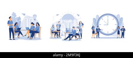 businessmen discuss social network, working together in the company, alarm clock rings on white background, set flat vector modern illustration Stock Vector