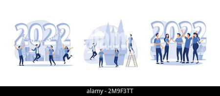 little people are preparing for the New Year, are engaged in decoration, the inscription New Year 2022, set flat vector modern illustration Stock Vector