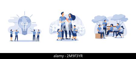 save energy and planet, mother father daughter daughter son cuddling together near, businessmen discuss social network, set flat vector modern illustr Stock Vector