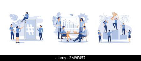 phone with hashtag sign, analytics of company information, people stand on the podium first, second and third place, set flat vector modern illustrati Stock Vector