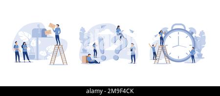 alarm clock rings on white background, frequently asked questions people around exclamations and question marks, mailbox with letters, set flat vector Stock Vector