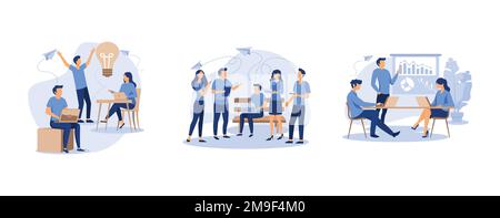 working together in the company, search friends, workers are sitting at the negotiating table, set flat vector modern illustration Stock Vector