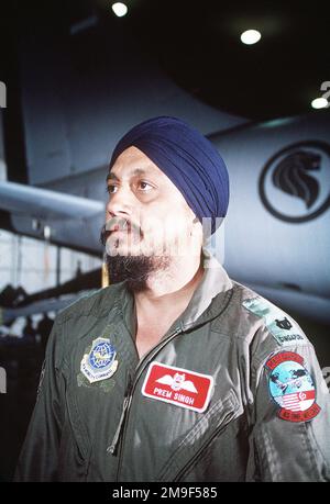 Republic of Singapore Air Force Major Prem Singh, chief of training for the 350th Air Refueling Squadron, Singapore detachment, at McConnell AFB, Kansas. Major Sing wears a turban that distinguishes him as a practicing Sikh. From AIRMAN Magazine, July 2000 article 'Mission McConnell.'. Republic of Singapore Air Force Major Prem Singh, chief of training for the 350th Air Refueling Squadron, Singapore detachment, at McConnell AFB, Kansas. Major Sing wears a turban that distinguishes him as a practicing Sikh. From Airman Magazine, July 2000 article 'Mission McConnell.' Stock Photo