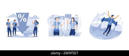 move up motivation, online communication problem and question resolution, percent presses down arrow, set flat vector modern illustration Stock Vector
