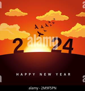 2024 sunrise silhouette. Happy New Year 2024 with digits on rising of the sun and birds on clouds in the sky background. Creative vector wallpaper Stock Vector