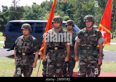 Incoming Commander, US Army Major General Alfred A. Valenzuela accompanies (from left to right) outgoing Commander, US Army Major General Philip R. Kensinger, US Army South, along with the Reviewing Officer, US Marine Corps General Charles E. Wilhelm, Command Army South-Miami, Florida, and US Army Command Sergeant Major Robert P. Keehu (back), United States Army South, prepares for Change of Command ceremony in Fort Buchanan, Puerto Rico. Base: Fort Buchanan, San Juan State: Puerto Rico (PR) Country: United States Of America (USA) Stock Photo