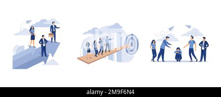 leadership qualities in a creative team, people go team one after another to their goal, a man sits on the floor surrounded by people mocking him, set Stock Vector