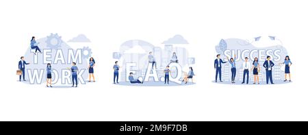 businessmen together build word teamwork, concept illustration of frequently asked questions people around exclamations and question marks, rise of th Stock Vector