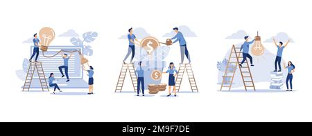 collaboration brainstorming and meeting of creative creative people with light bulb ideas, the company is engaged in teamwork, career growth to succes Stock Vector